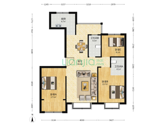 嘉元锦绣兰庭 3室1厅2卫 125平方