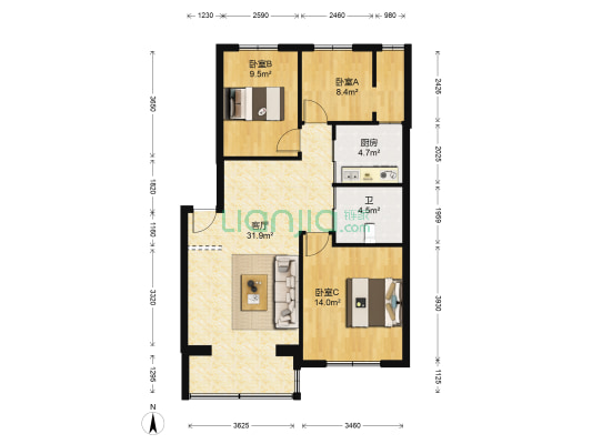 盈家瑞景花园 3室1厅1卫 100平方