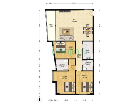 永康楼 3室1厅2卫 128平方
