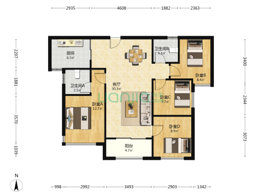 建发湖畔九境 4室1厅2卫 115平方