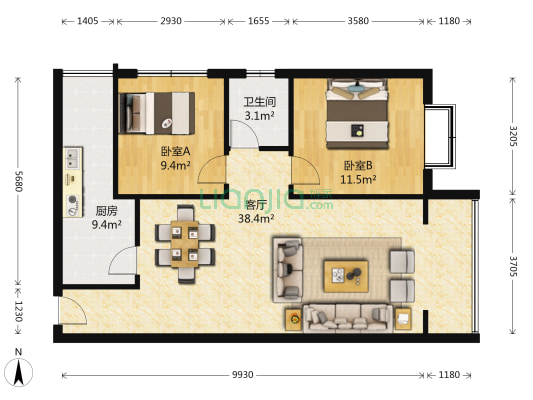 书香茗庭 2室1厅1卫 81平方