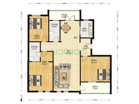 绿城理想之城-御园D区 3室1厅2卫 141平方