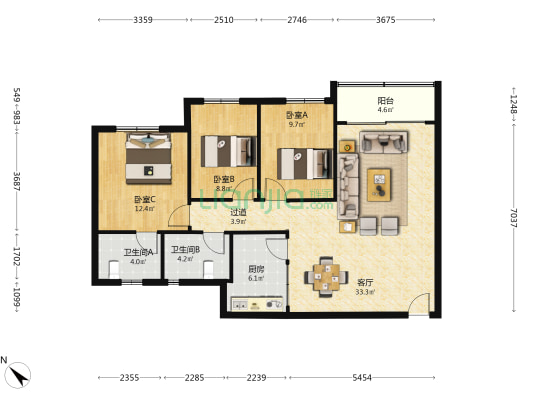 富丽大厦 3室1厅2卫 98平方