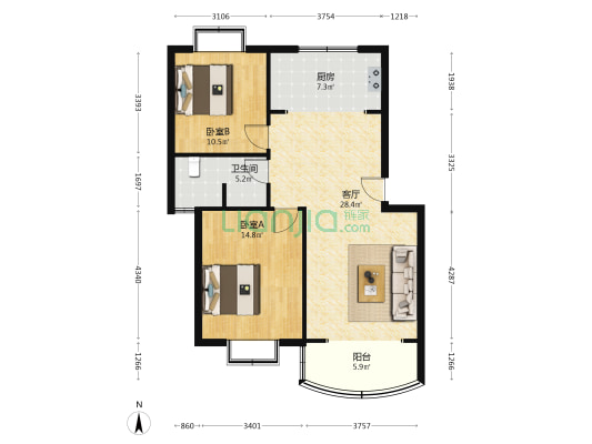 东城花苑一园 2室1厅1卫 88平方