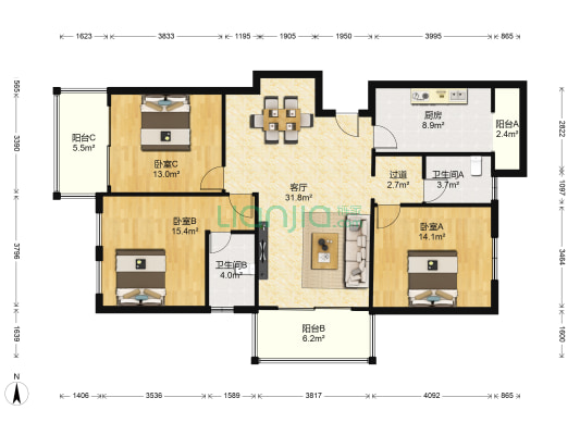 东海园 3室1厅2卫 129平方