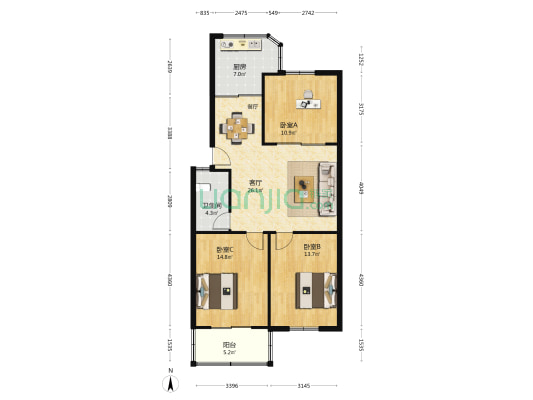 杏聚村 3室1厅1卫 97平方