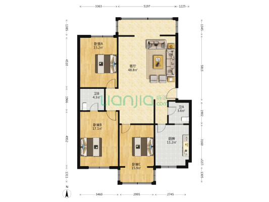 皇家花苑 3室1厅2卫 143平方