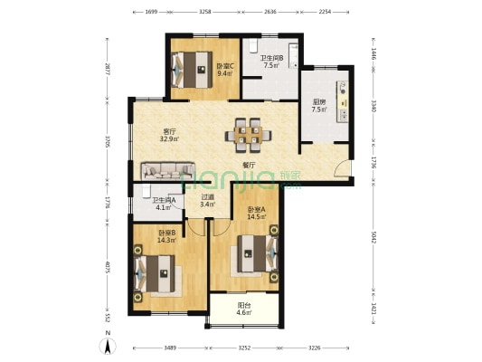新华名门 3室1厅2卫 123平方