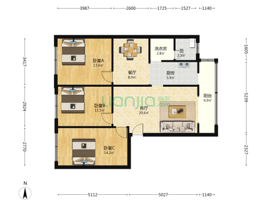 宏达楼小区 3室2厅1卫 103平方