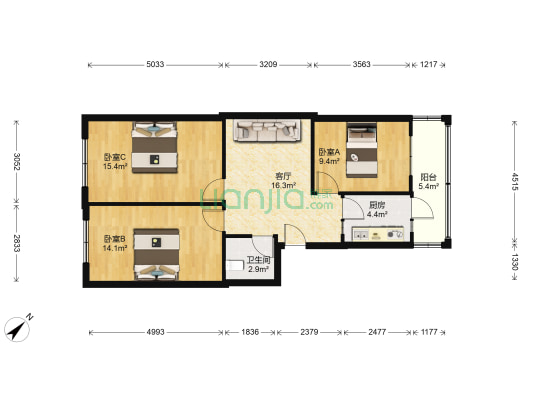 沙曼小区四街区 3室1厅1卫 91平方