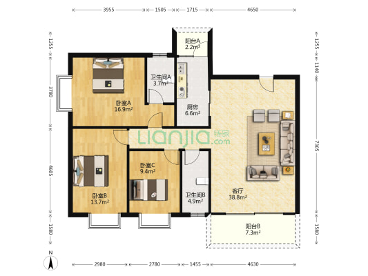 琪锦花园 3室1厅2卫 127平方