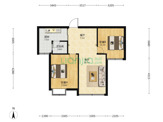 在水一方二期 2室2厅1卫 77平方