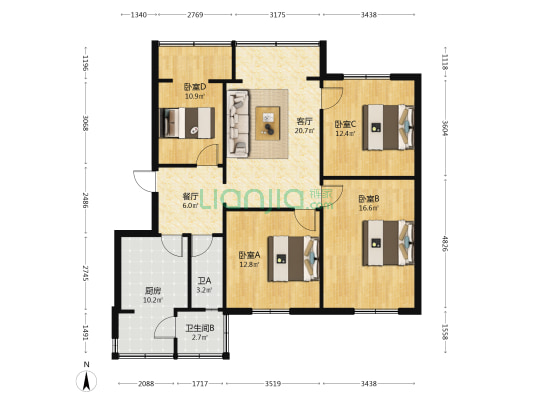 一环路南二段22号 4室2厅2卫 107平方