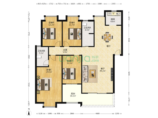 林业新村四区 4室1厅2卫 163平方
