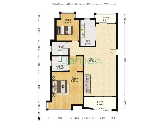 浦东世纪花园(公寓) 2室1厅2卫 116平方