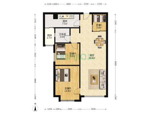 华业玫瑰东方Ⅱ期 3室1厅1卫 97平方