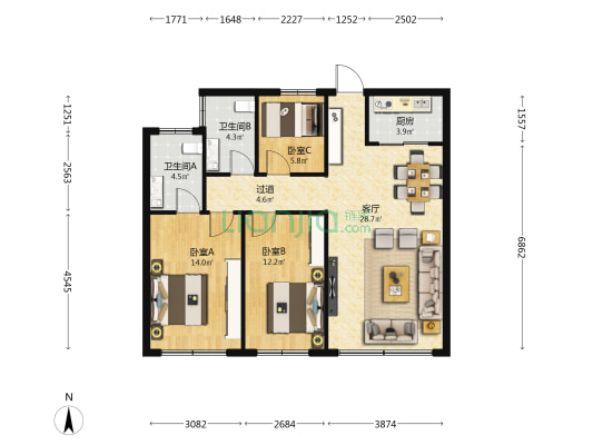 中新花园（海甸） 3室1厅2卫 110平方