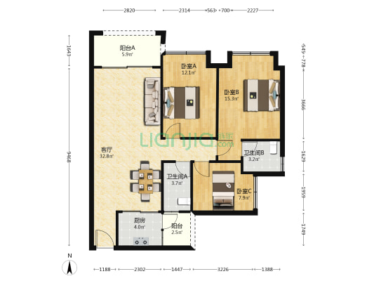 中恒花园 3室1厅2卫 107平方