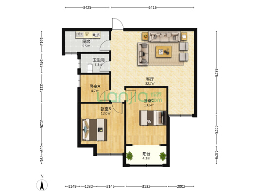 铂尔缦国际公馆 3室1厅1卫 105平方