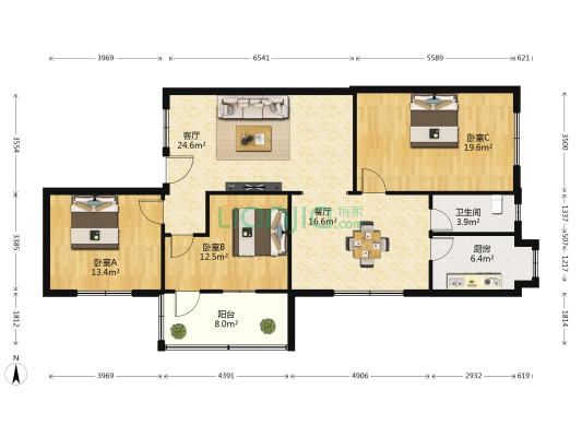 襄京小区 3室2厅1卫 130平方