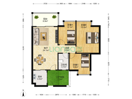 东海国际花园三区2期 3室1厅1卫 82平方