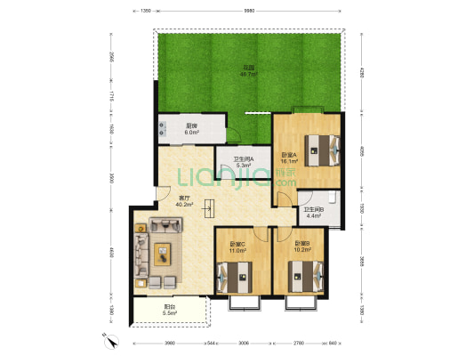 美洲花园一期 3室1厅2卫 118平方