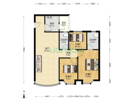 昌盛豪苑一期 3室1厅2卫 87平方