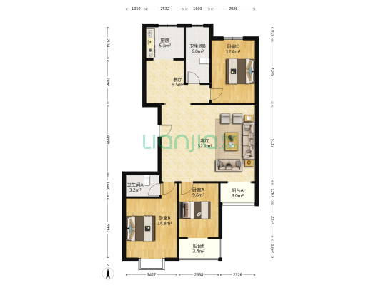 名流城市尊邸 3室2厅2卫 134平方
