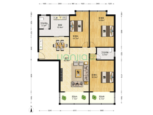 睿智园 3室1厅2卫 155平方