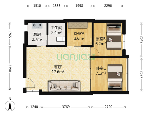 越秀南路 3室1厅1卫 49平方