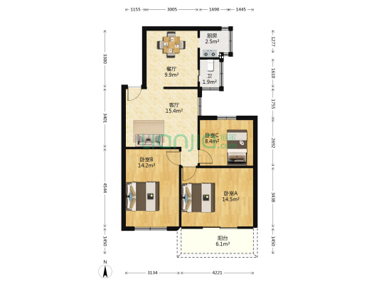 茶麻宿舍 3室2厅1卫 88平方