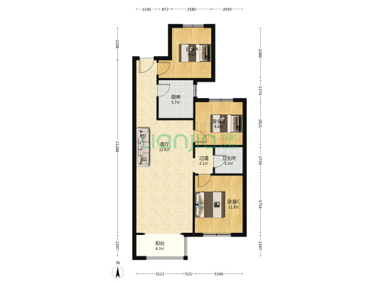 湖邸小区 3室1厅1卫 109平方