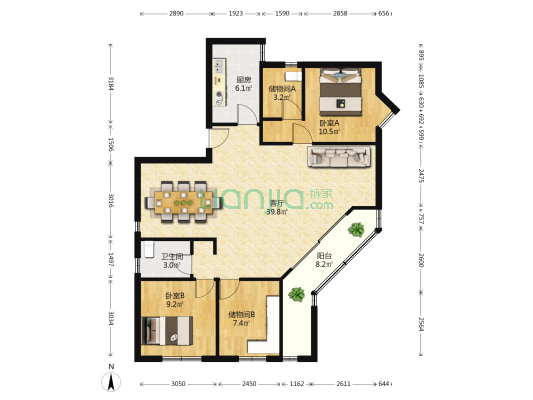 紫金花园 2室1厅1卫 132平方