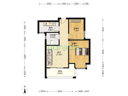 聚凤华庭北区 2室1厅1卫 66平方