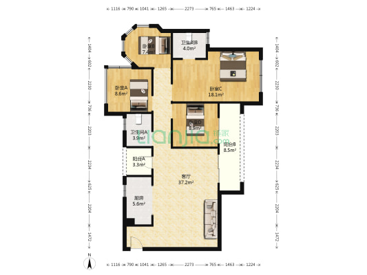 北大资源颐和雅郡 4室1厅2卫 114平方