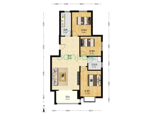 王府社区A区 3室1厅1卫 96平方