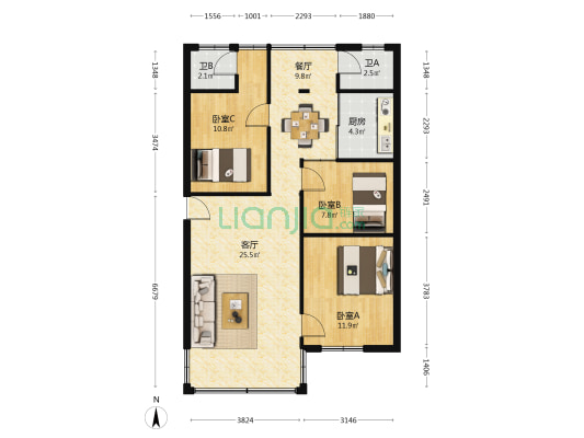 十二工区楼 3室2厅2卫 92平方