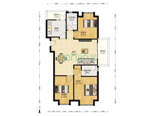 万科云城 3室1厅2卫 124平方