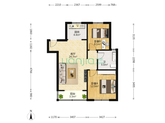 康大风和丽景 2室1厅1卫 85平方
