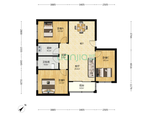 联艺新居 3室1厅1卫 89平方