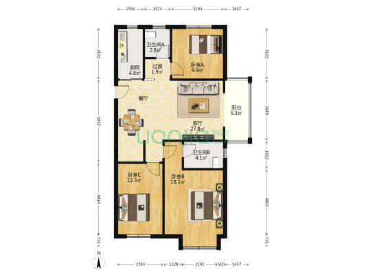 隆盛水木清华 3室1厅2卫 124平方