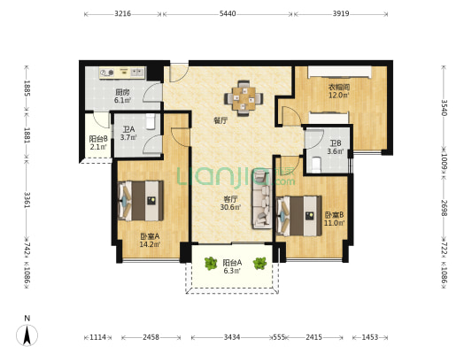 合生帝景城 2室1厅2卫 115平方