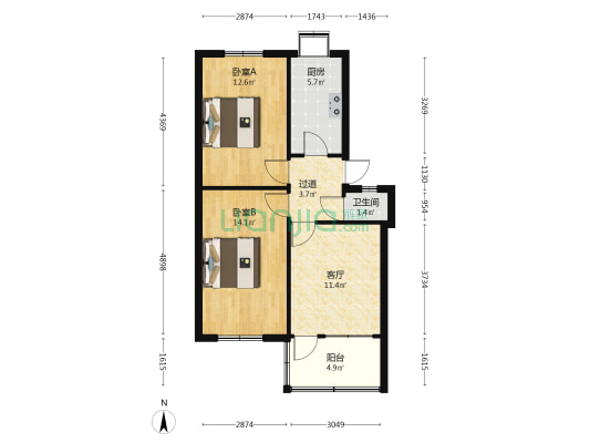 渚南二条4号院 2室1厅1卫 58平方