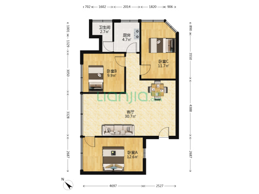 商业大厦 3室1厅1卫 91平方