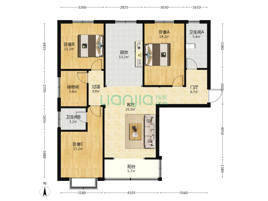 万达公馆 3室1厅2卫 136平方