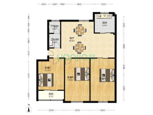 长勺小区 3室1厅2卫 118平方