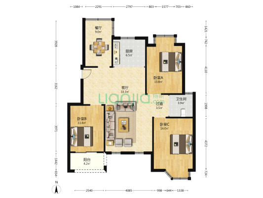 中央景城 3室2厅1卫 117平方