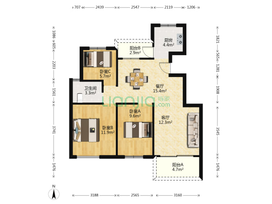 龙兴云邸 3室2厅1卫 93平方