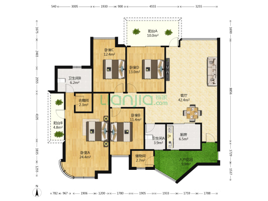 新新家园 4室1厅2卫 158平方
