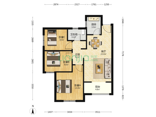 汉城湖畔 3室1厅1卫 94平方